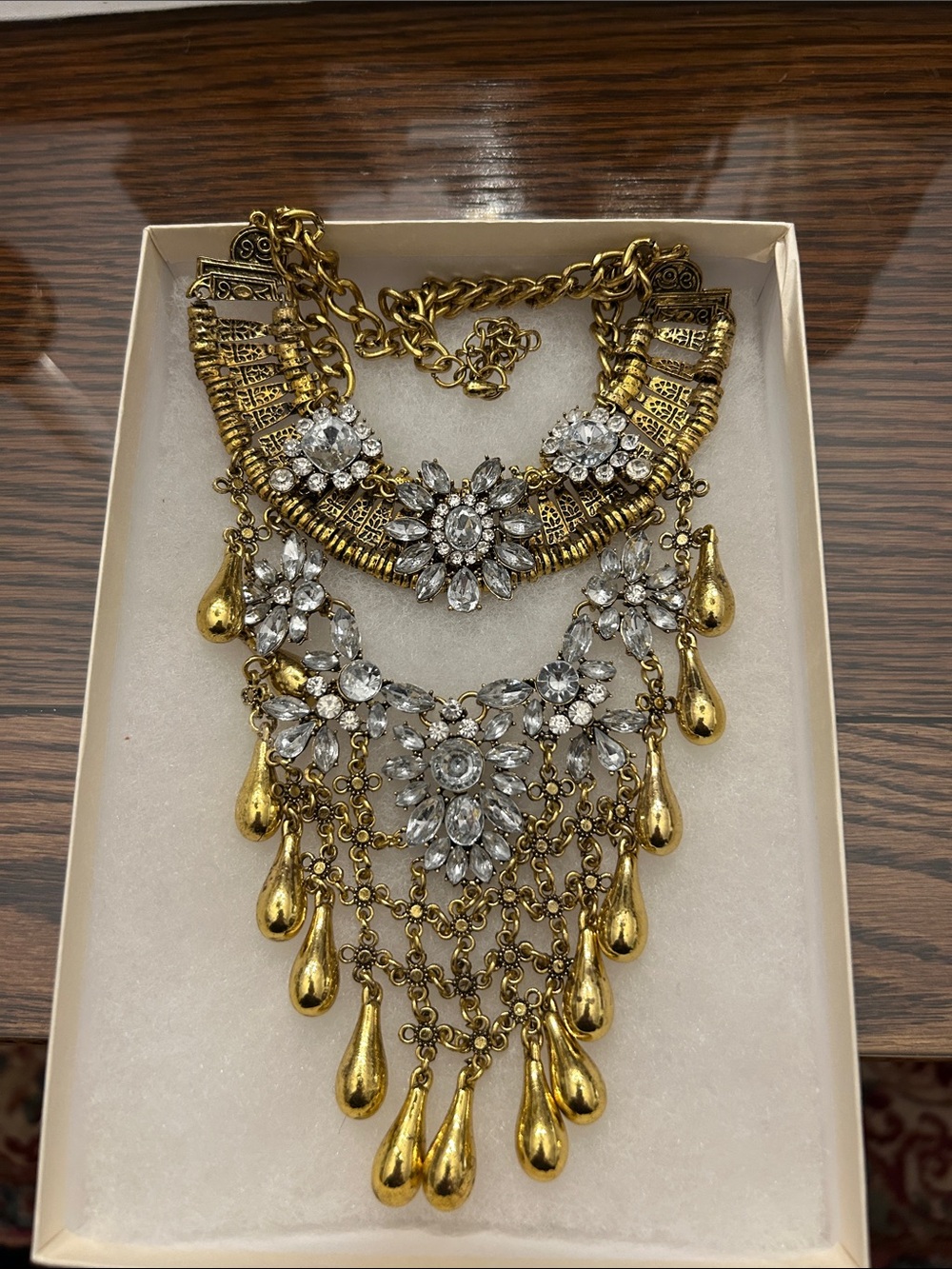 Gold-Tone Statement Necklace with Clear Crystal Flowers